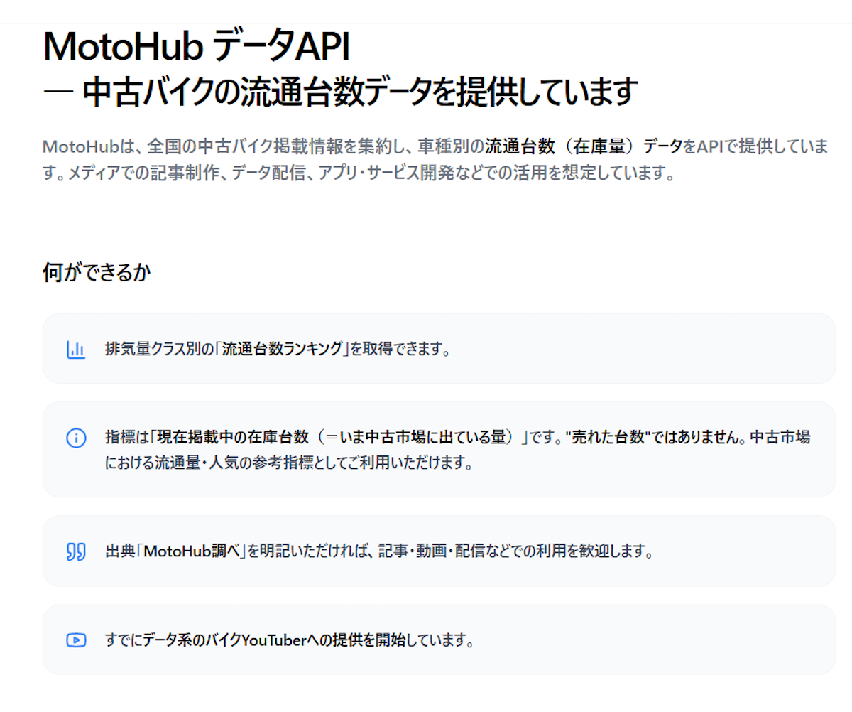 中古バイク市場を「データで読む」APIを4種公開 ― 流通台数・相場推移・市場全体トレンドを無料提供|個人開発のMotoHub