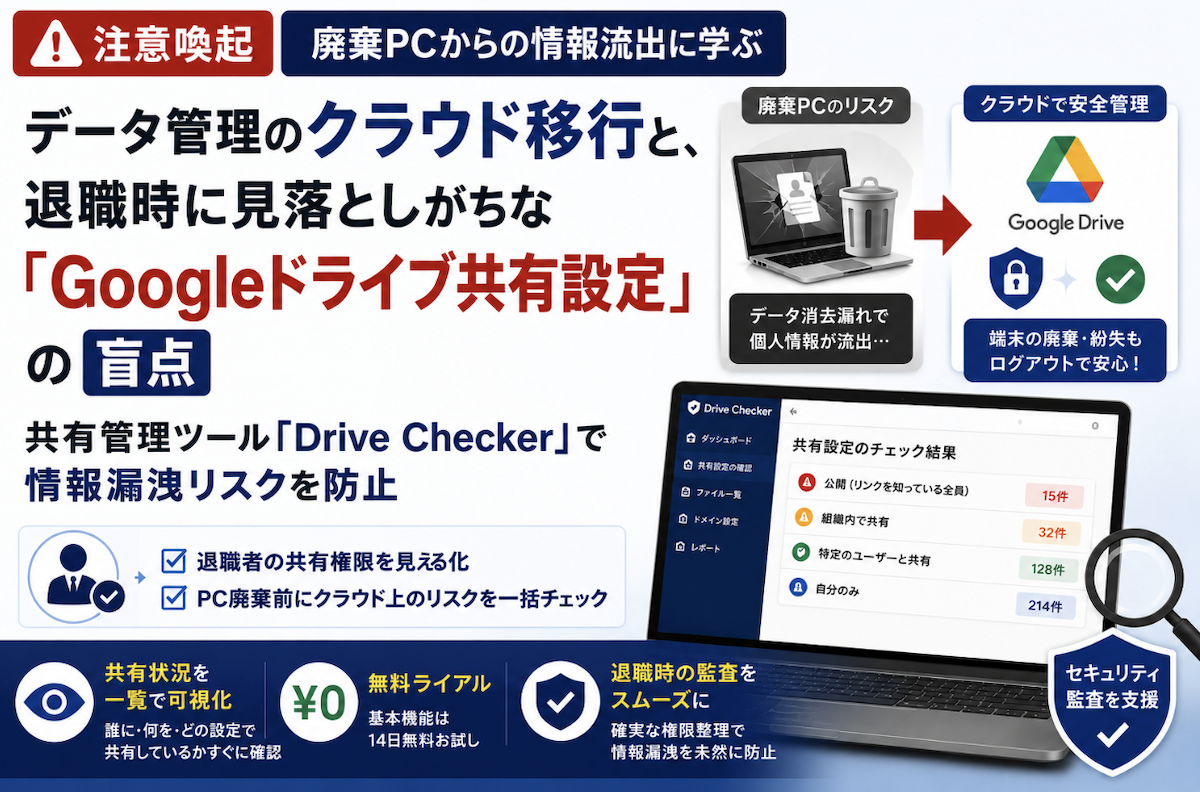 【注意喚起】廃棄PCからの情報流出に学ぶデータ管理のクラウド移行と、退職時に見落としがちな「Googleドライブ共有設定」の盲点