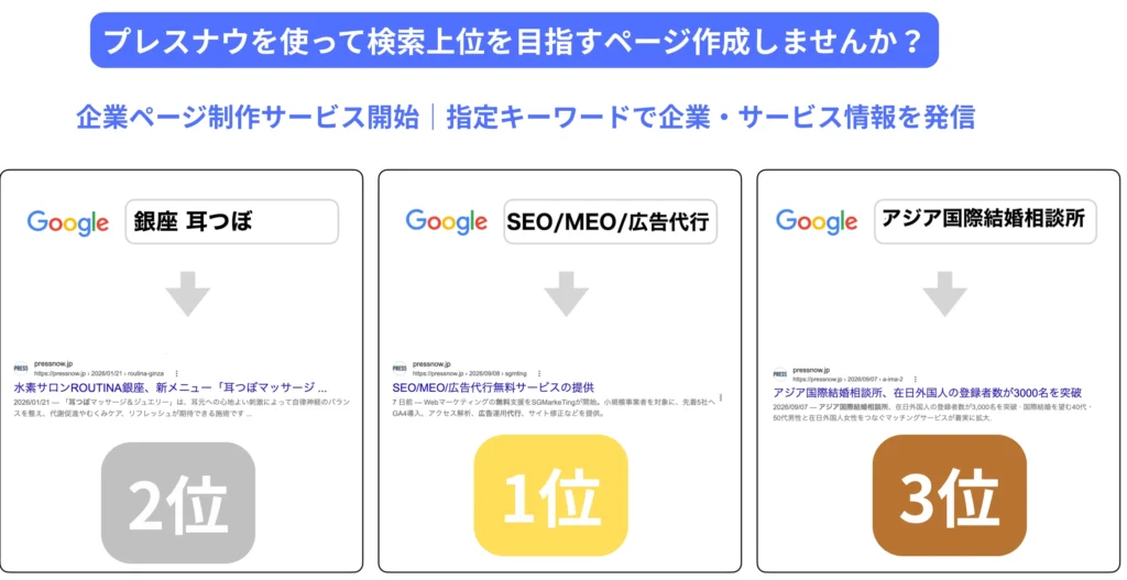 PRESSNOW プレスナウで検索上位を目指すページ作成