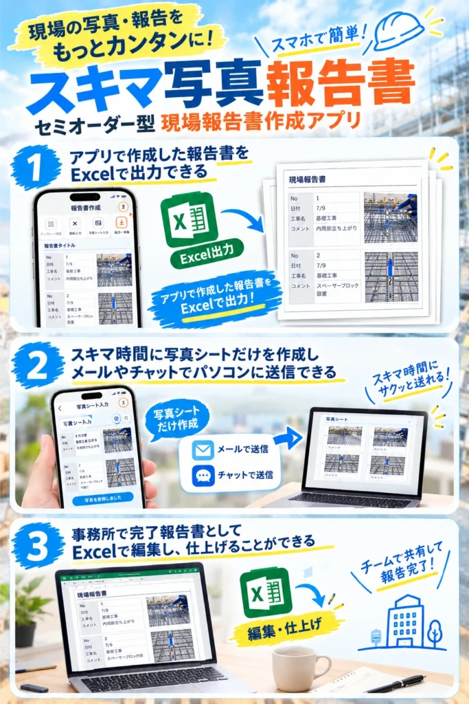 スキマ写真報告書 Excel出力 アプリ